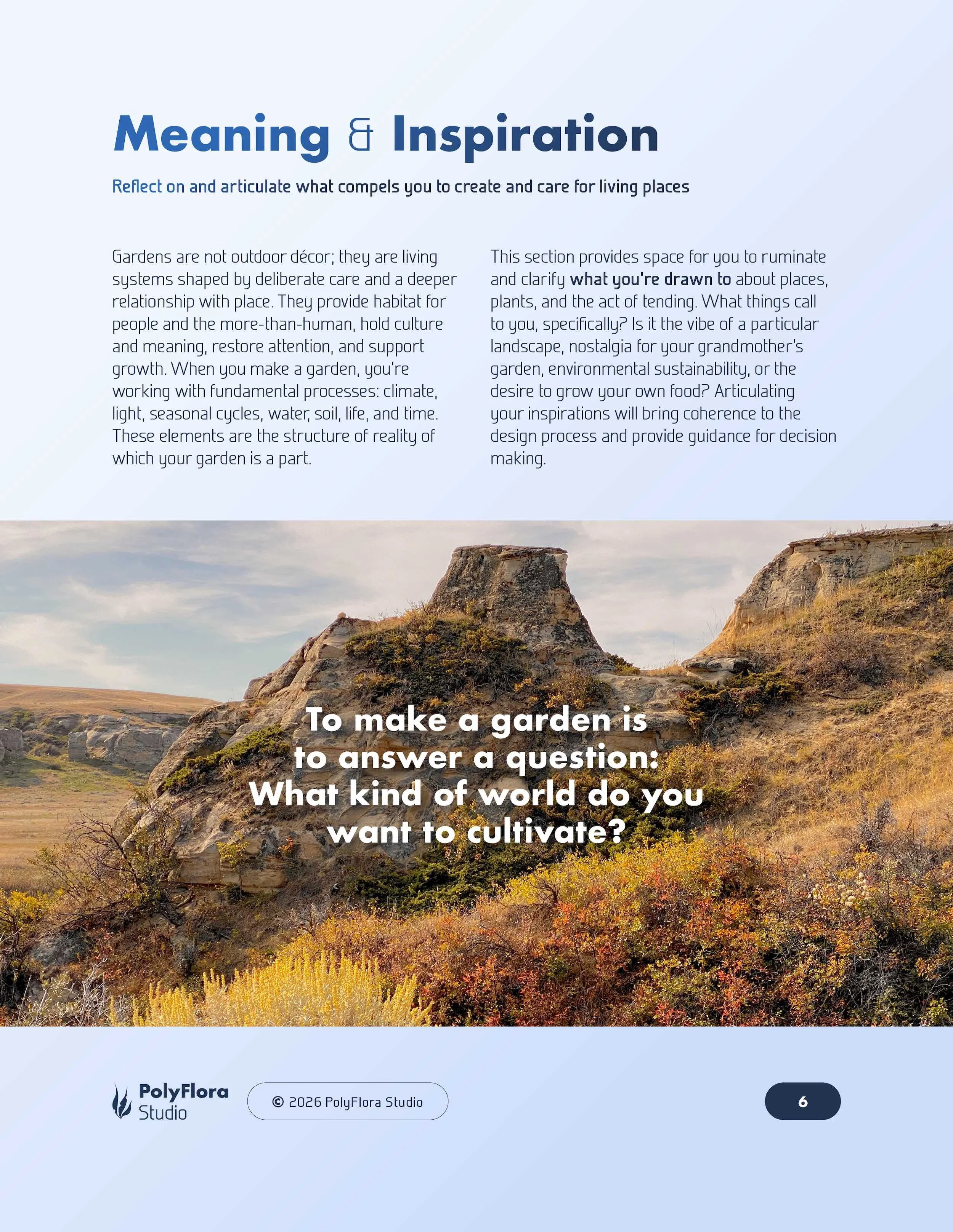 Meaning and Inspiration spread with reflective intro text and a landscape photo used to set garden direction