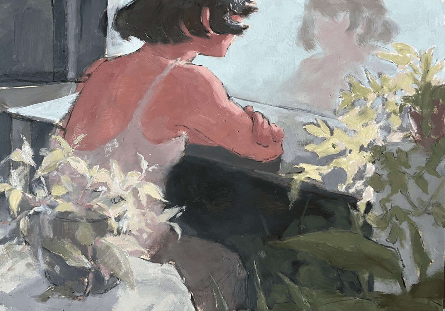 Reflection, oil and charcoal on panel, 16"x11.5"