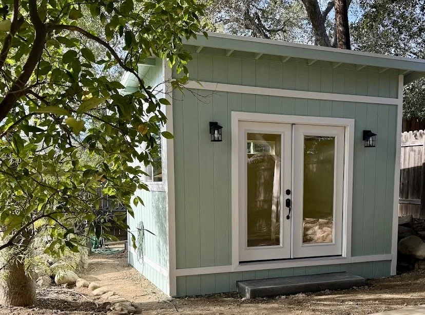 Small, mint green shed with white trim and double glass doors, flanked by two black exterior lights, surrounded by trees and yard