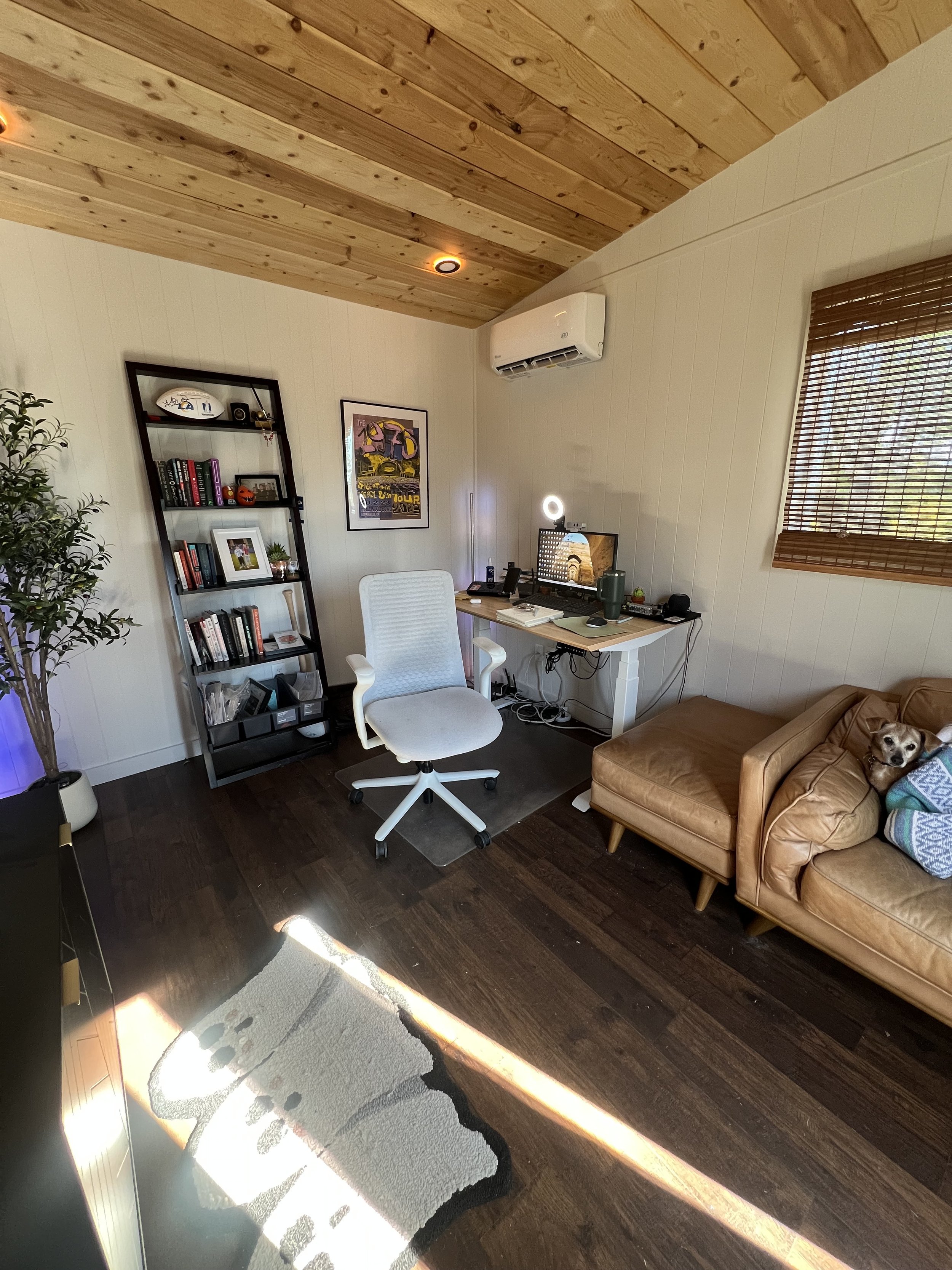 A cozy backyard home office shed and living space with a wooden ceiling, beige walls, a white desk with a computer setup. 
