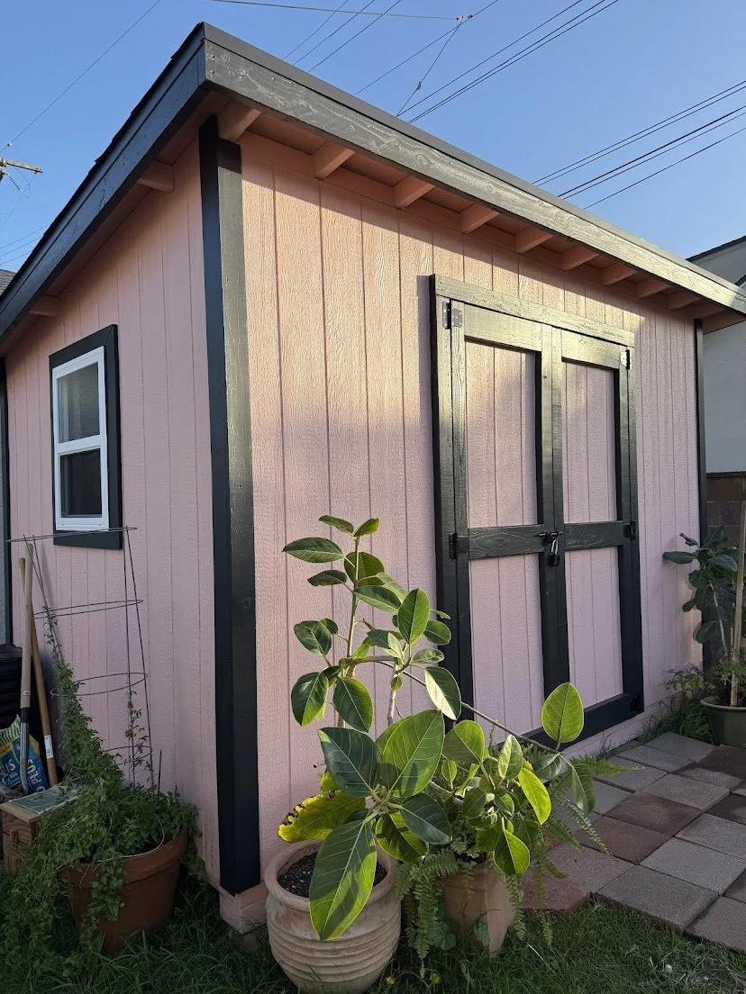 A small pink shed with black trim and double black doors, situated in a garden with potted plants and a paved pathway.