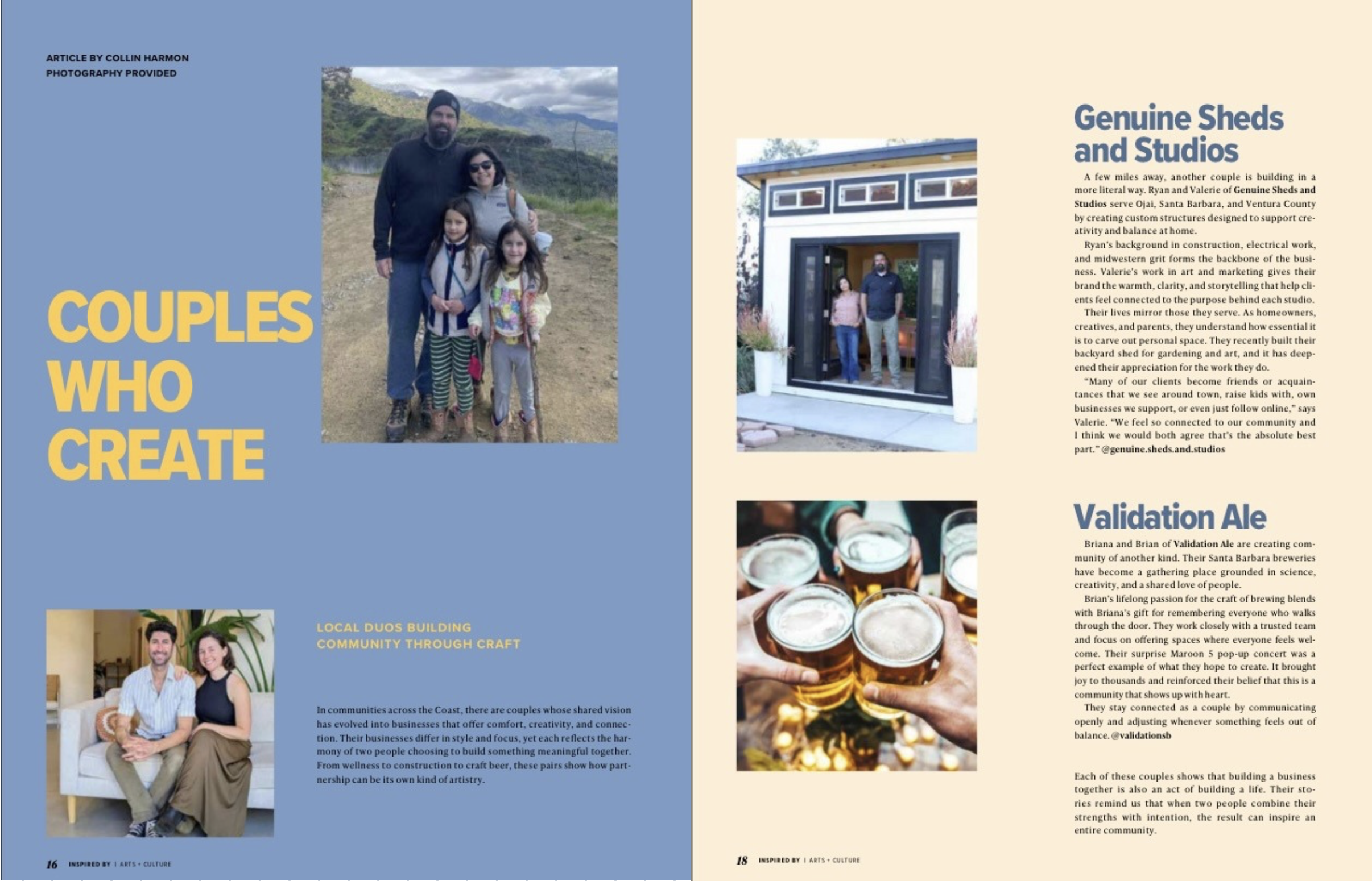 A magazine spread with images of families and small businesses, including a family outdoor photo, a house with a couple standing in the doorway, and glasses of beer being toasted, accompanied by articles about local craftsmanship and community-building.