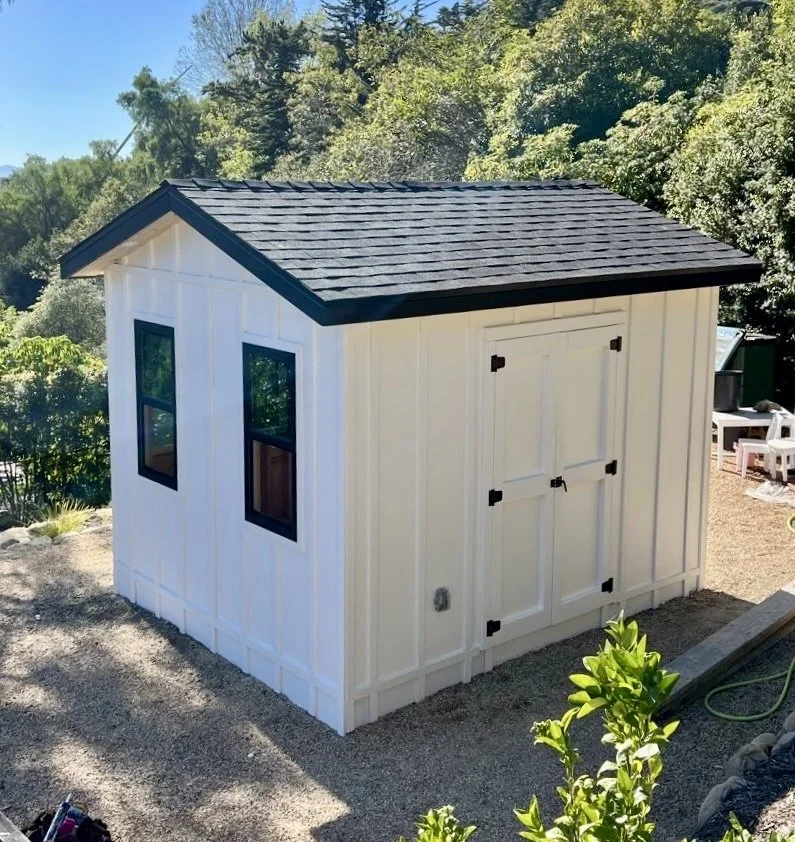 Small white shed with black roof and black window frames in a backyard surrounded by trees and bushes.