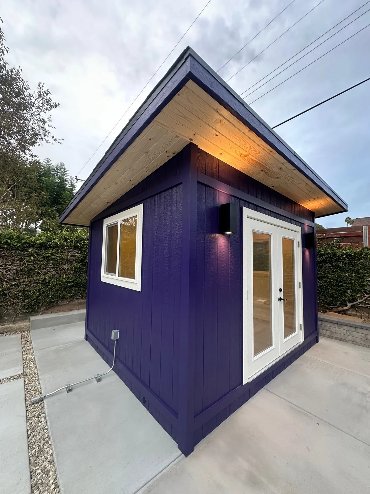 Small, modern studio shed with deep purple exterior, white framed windows and doors, and a light wooden roof overhang, situated on a concrete patio with greenery in the background.