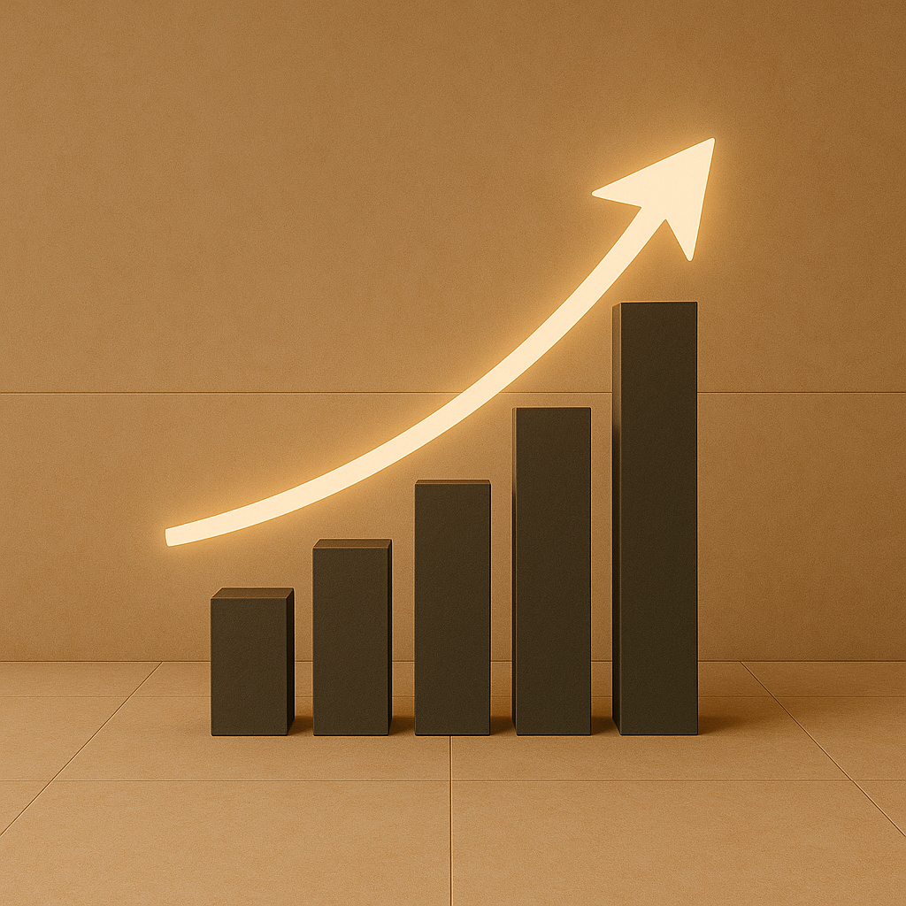 Black bar graph increasing in height from left to right with an illuminated upwards arrow above it.