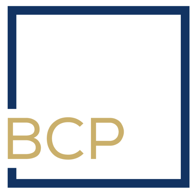 Logo with the letters 'BCP' in gold inside a black square outline.