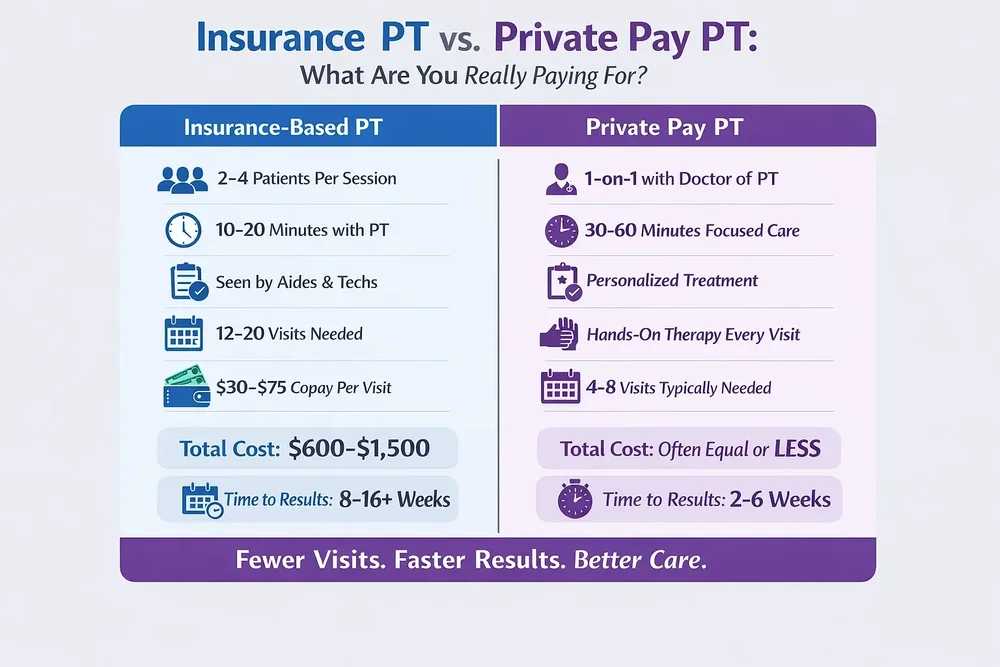 Insurance-based PT vs. private pay PT comparison — fewer visits, faster results, often equal or lower total cost