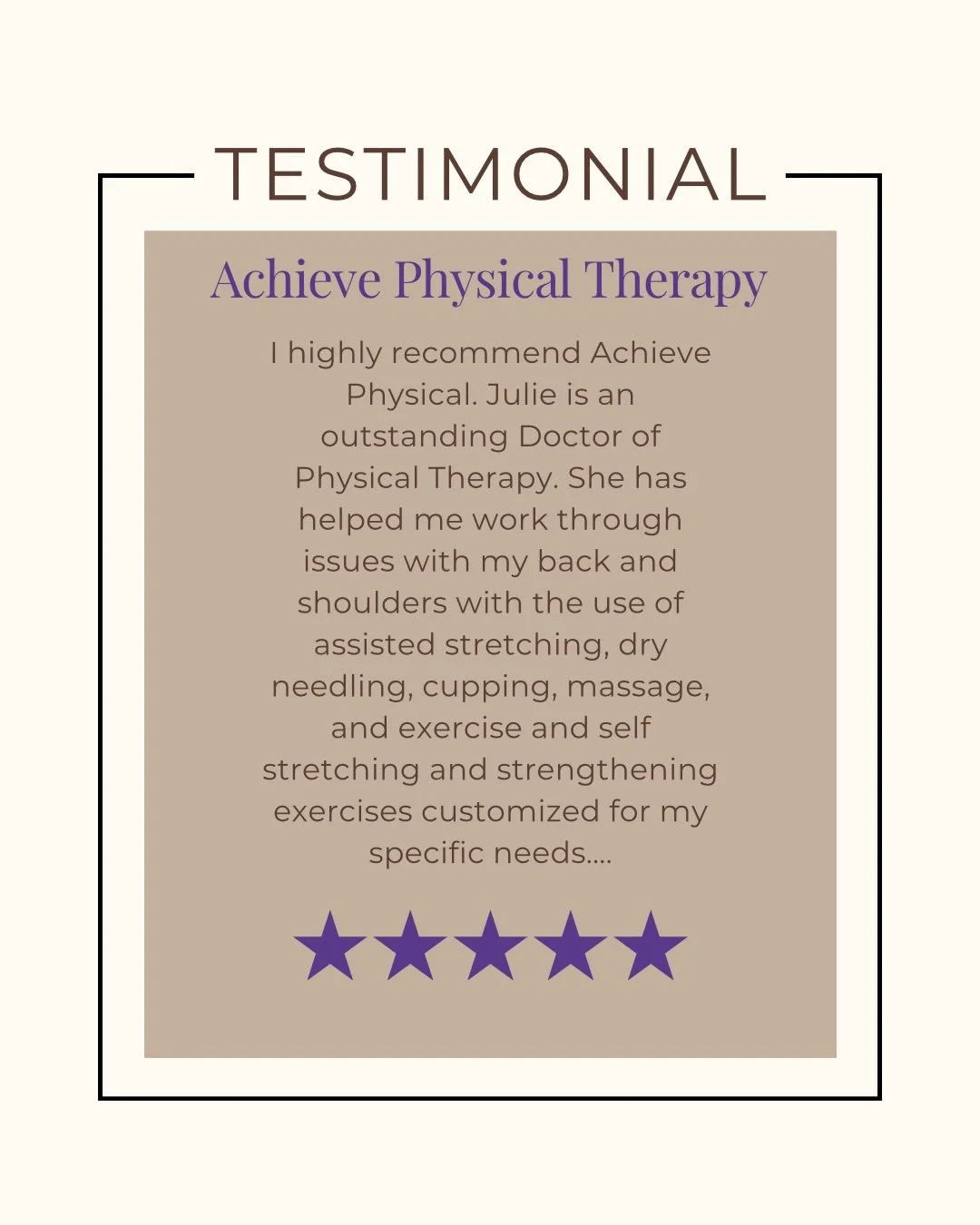 ⭐️⭐️⭐️⭐️⭐️

This is what we strive for at Achieve Physical Therapy. Listening first, treating the whole person, and guiding each patient toward confident movement. 

If you&rsquo;re ready to move with confidence again, reach out or book online throug