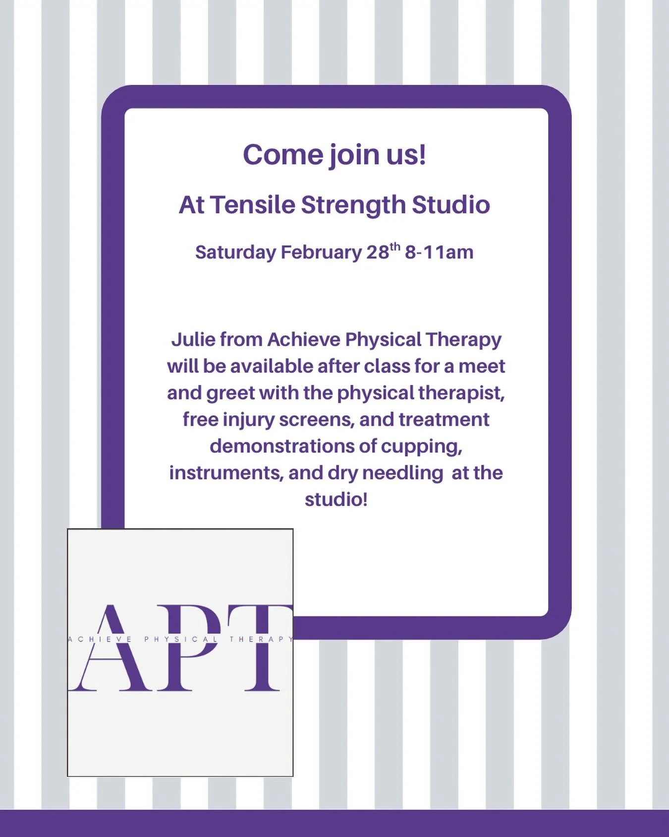 📣 @tensilestrengthstudio is hosting a free intro to Pilates class on February 28th at 1030am and Achieve Physical Therapy will be there before and after class to offer free injury screens and answer questions! Hope to see you there!