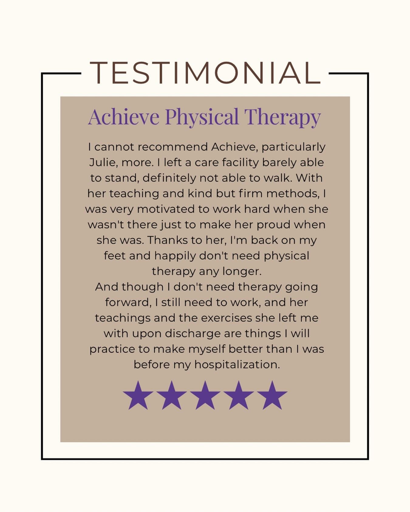 ⭐️⭐️⭐️⭐️⭐️ 

Back on your feet is the best place to be! Glad to be a part of your journey

Questions for Achieve Physical Therapy? Call or book your free injury screen today!

#AchieveYourBest