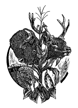 A heart-shaped illustration featuring a buffalo, a deer, a lion, and a leopard surrounded by plants and flowers in black and white.