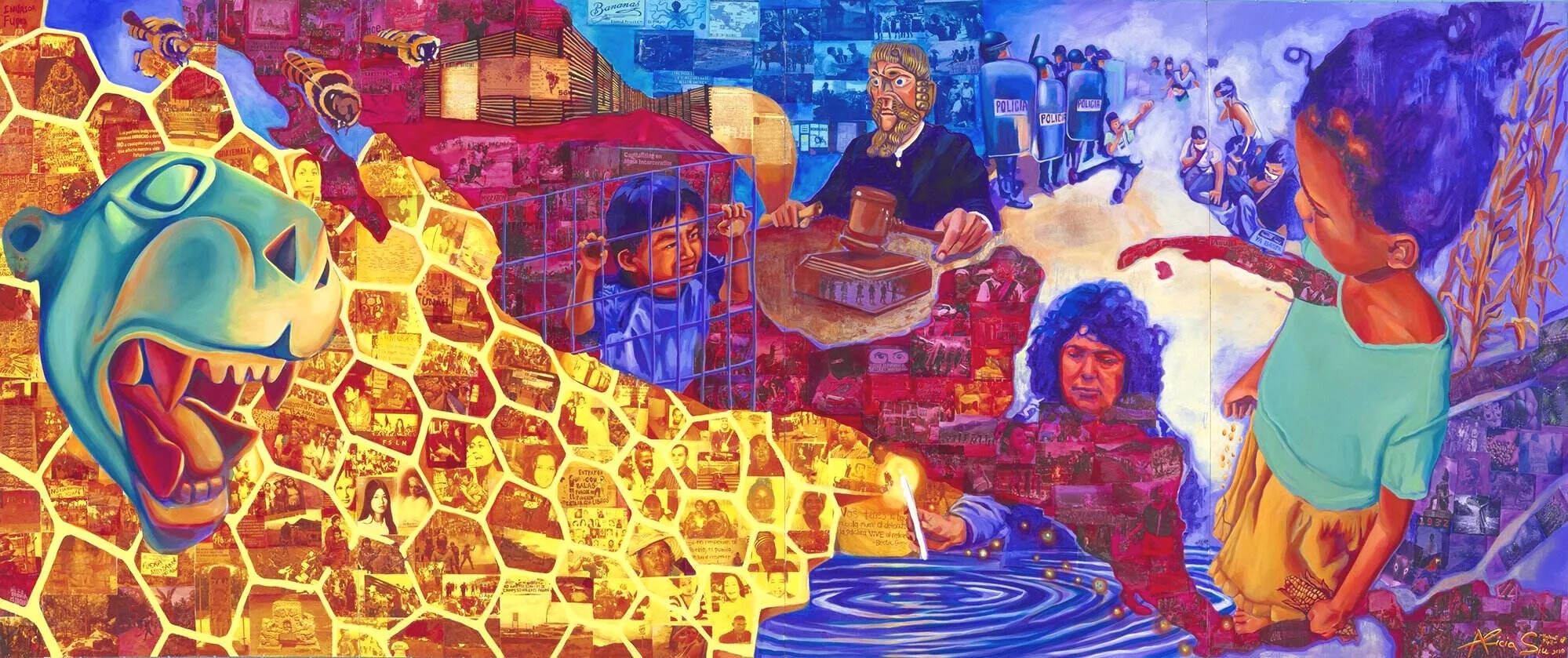 A vibrant mural depicting a collage of social issues and cultural symbols, including a dinosaur, police officers in riot gear, a judge with a gavel, children, and a woman pointing. The background features a blend of red, blue, and purple hues with various smaller images and textures.