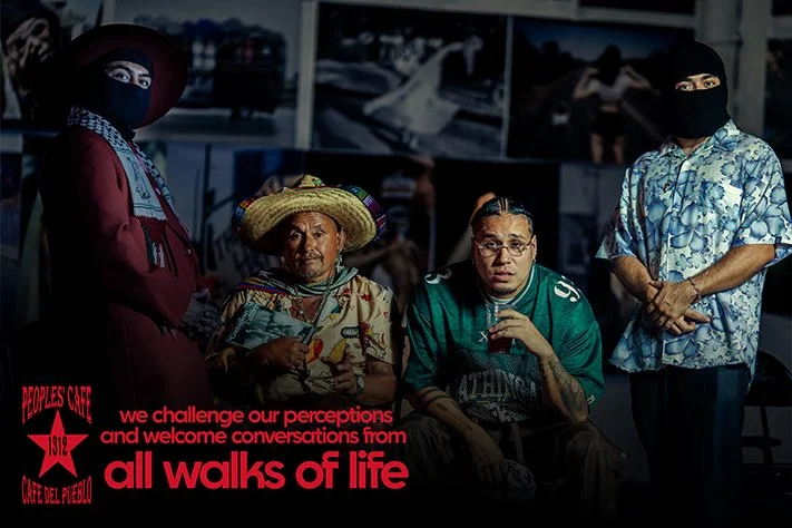 Four people inside a café, two wearing masks and two with traditional Mexican attire, with a promotional text overlay about challenging perceptions and welcoming conversations from all walks of life.