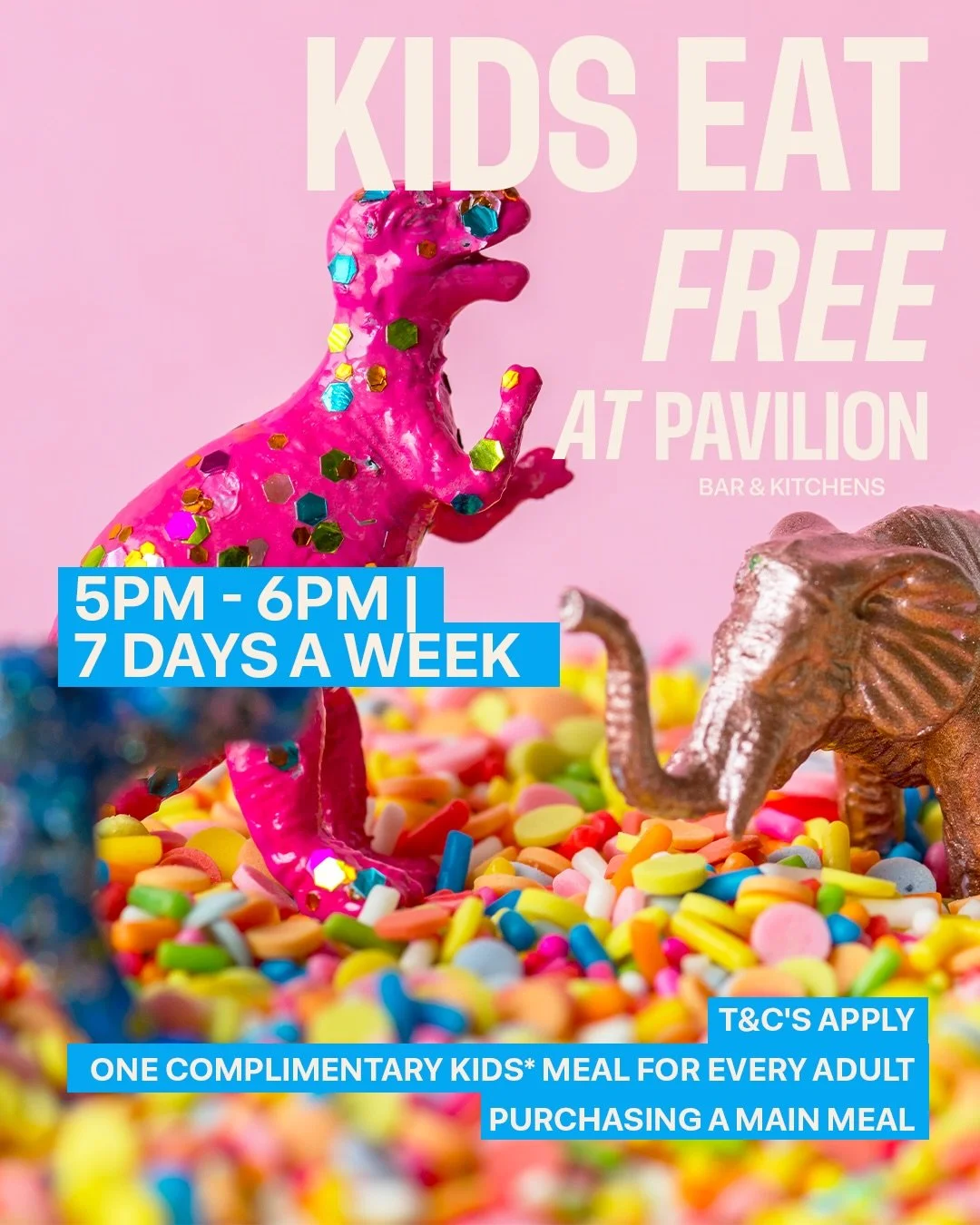 Dinner just got way easier. 🎉

From 5&ndash;6pm every day, KIDS EAT FREE at Pavilion Bar &amp; Kitchens &mdash; which means more colour, more sprinkles, more joy&hellip; and fewer &ldquo;what&rsquo;s for dinner?&rdquo; debates.

And to celebrate the