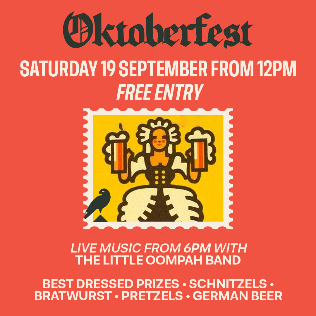 Red poster advertising an Oktoberfest event on Saturday, September 19th, starting at 12 PM with free entry. Includes a picture of a woman holding beer mugs, a bird icon, live music from 6 PM by The Little Oomph Band, and mentions prizes, schnitzels, bratwurst, pretzels, and German beer.