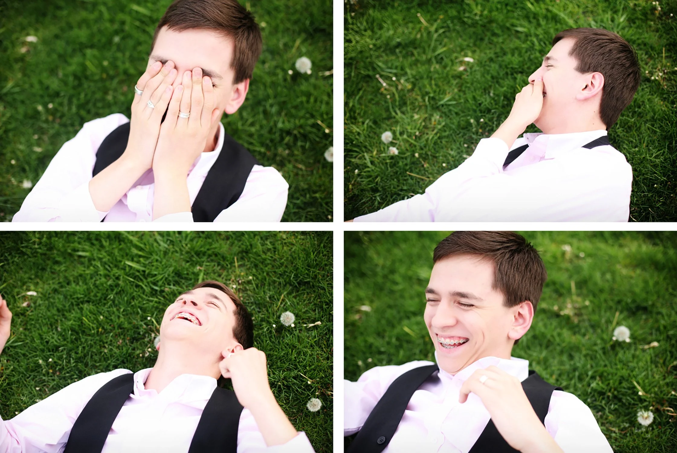 a set of four photos together, you see a series of a the same high school senior smiling and laughing while laying on the green grass.
