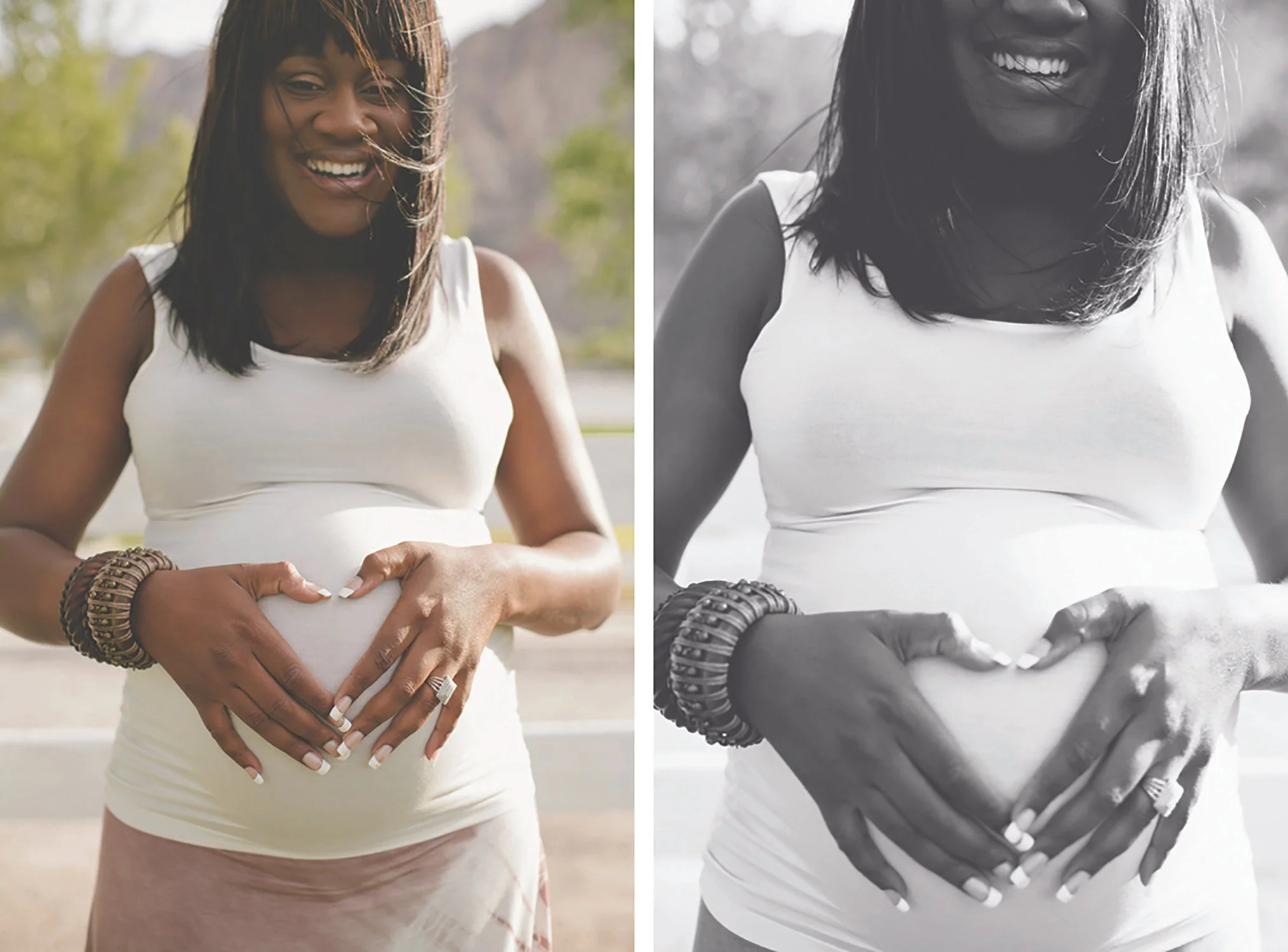 A side by side image of the pregnant woman smiling at the camera. One photo is black and white closer up image of her holder her hands over her belly in the shape of a heart, and the other photo is in color a little wider image to show her whole face