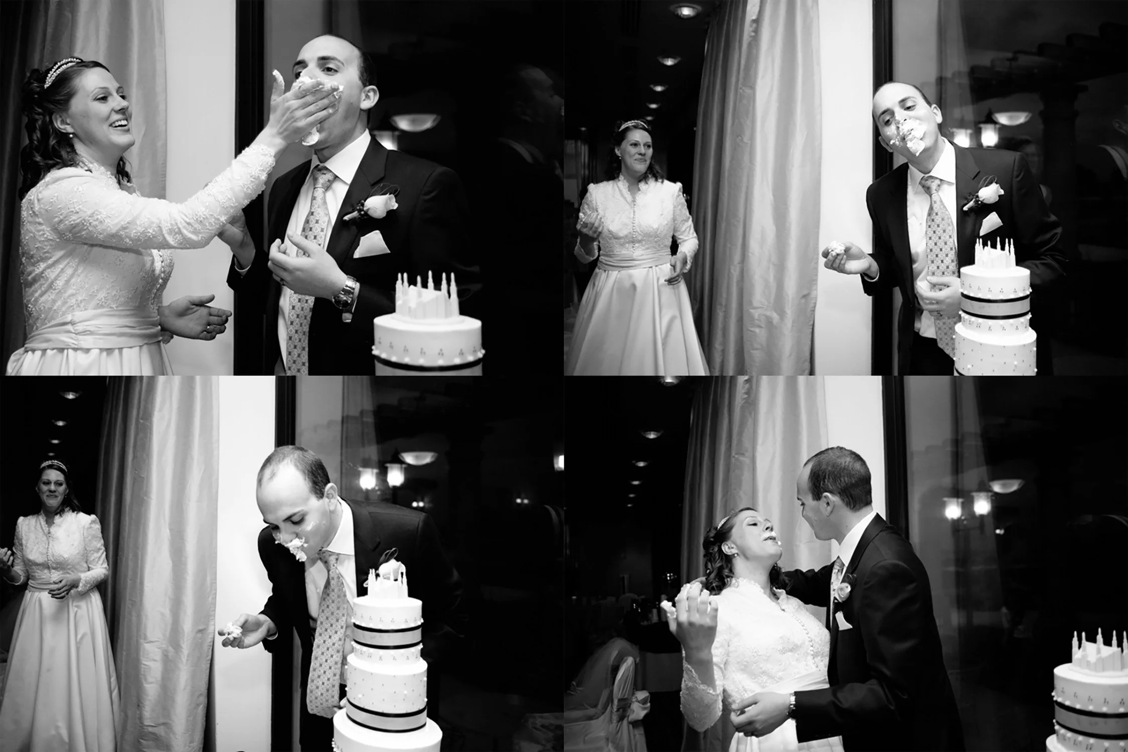 Four images in succession of the newly weds cutting thier cake with the bride smashing a big piece of cake in the groom's mouth then giving her a kiss with lots of frosting