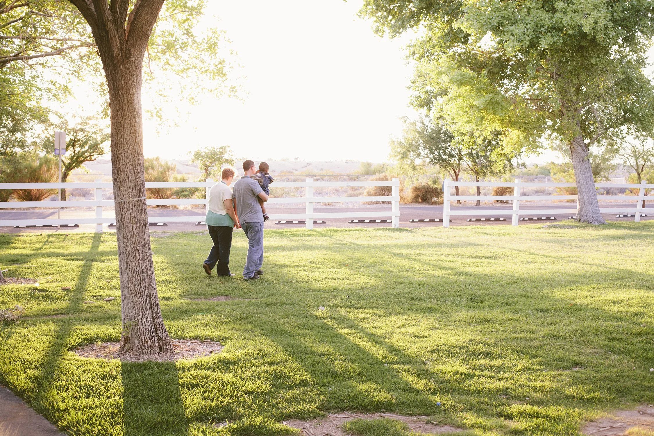 A family walking in a grassy park