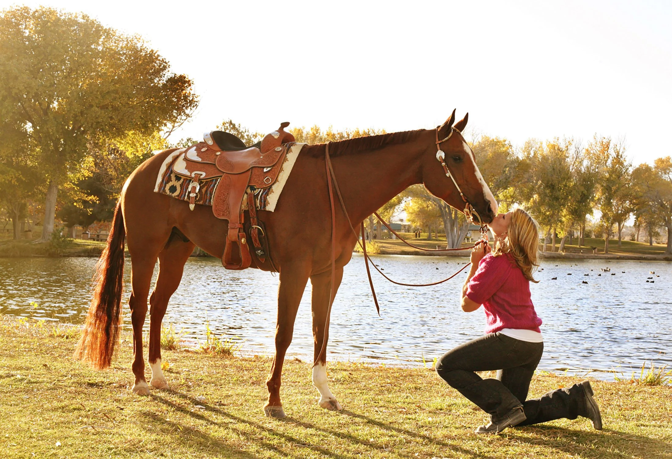A young woman kneeling down in front of her horse giving it a kiss on it's nose, with a park and lake in the background