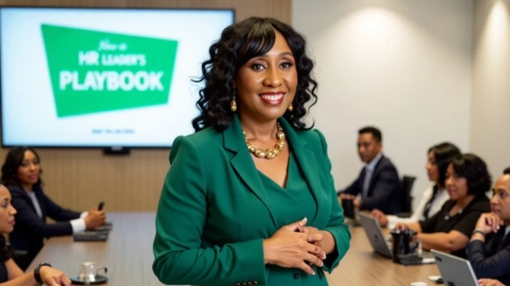 A woman in a green blazer and jewelry stands in front of a screen displaying a presentation titled 'How to HR LEADERS PLAYBOOK' in a conference room with other seated professionals.