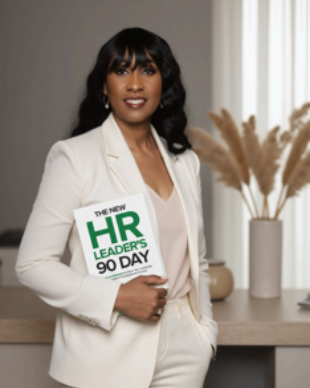 A woman in a white blazer holding a magazine titled 'The HR Leader's 90 Day' standing in an office with neutral decor and a large vase of dried pampas grass.
