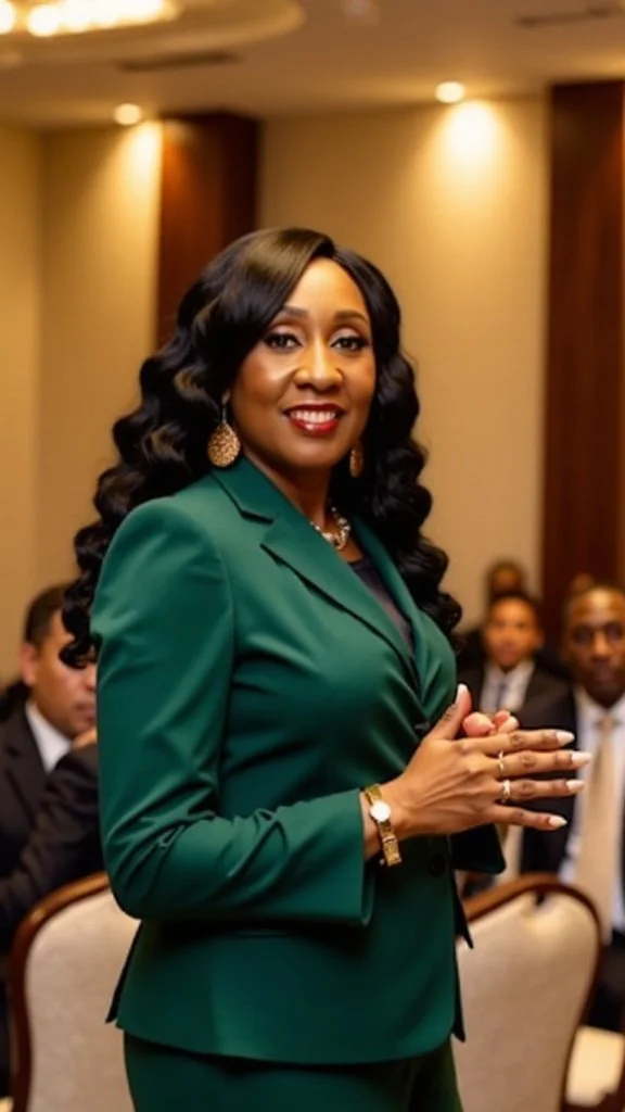 A confident woman in a green blazer stands in a formal setting, smiling, with seated people in the background, likely at a professional event or conference.