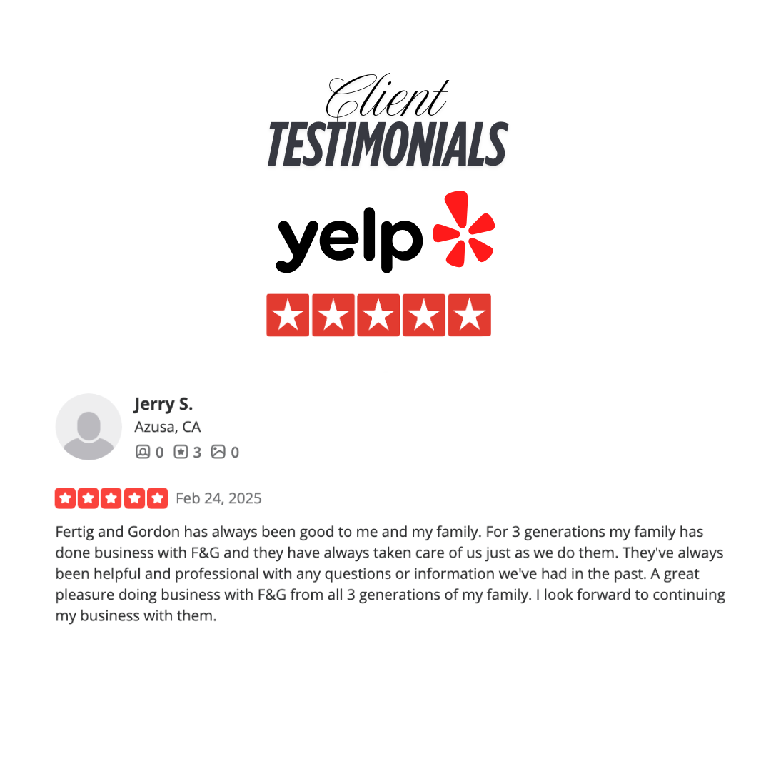 Customer review for Fertig and Gordon featuring a 5-star rating, Yelp logo, and the phrase 'Client Testimonials'.