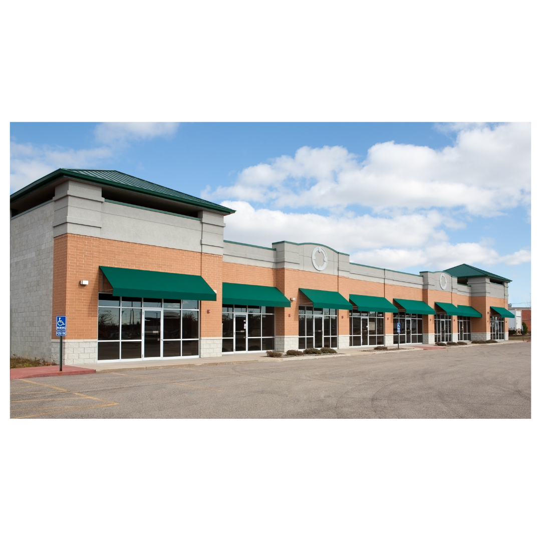 Strip mall storefront in Arcadia, CA with green awnings, large windows, and reserved parking spots, managed by Fertig and Gordon.
