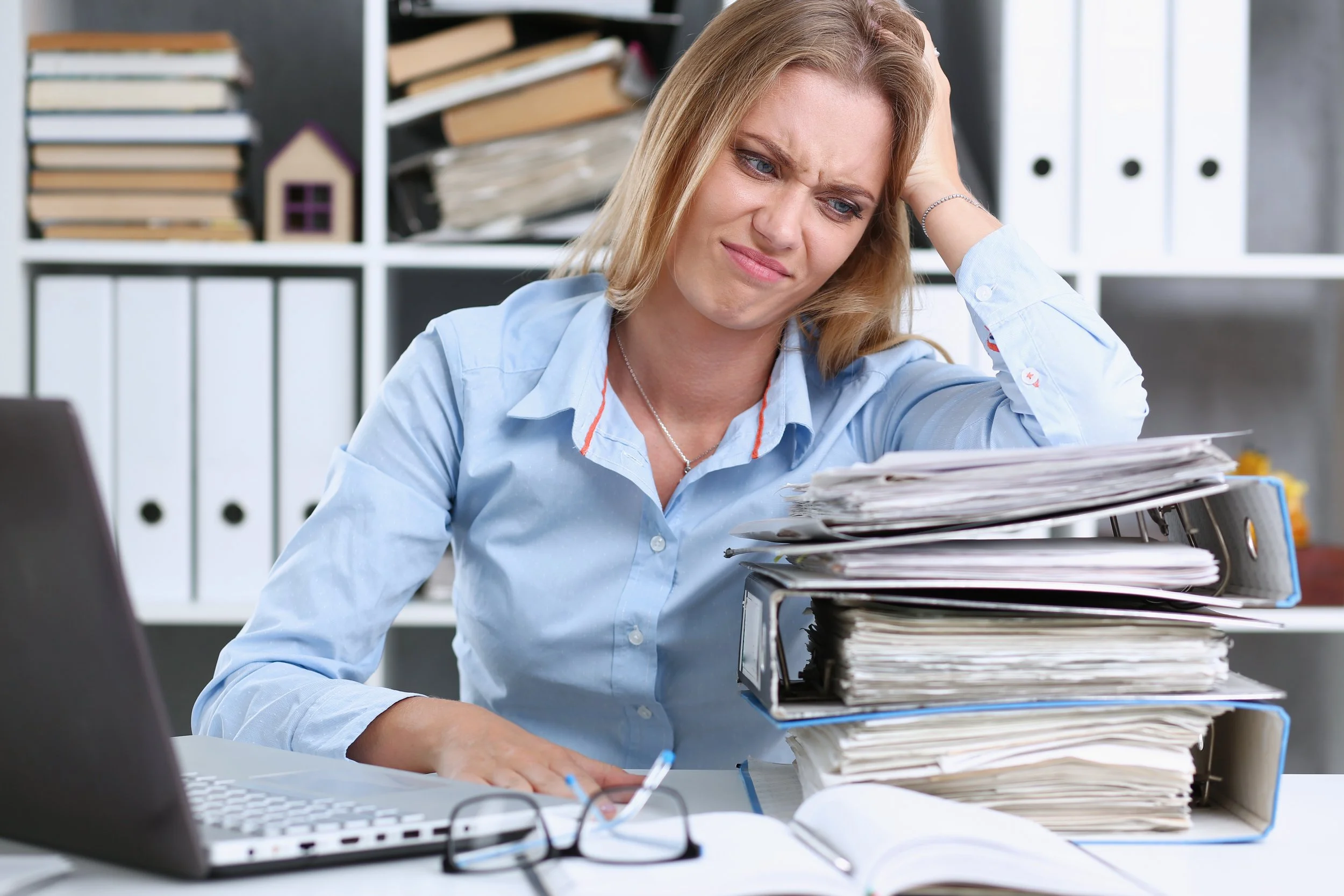 Frustrated business owner, messy bookkeeping