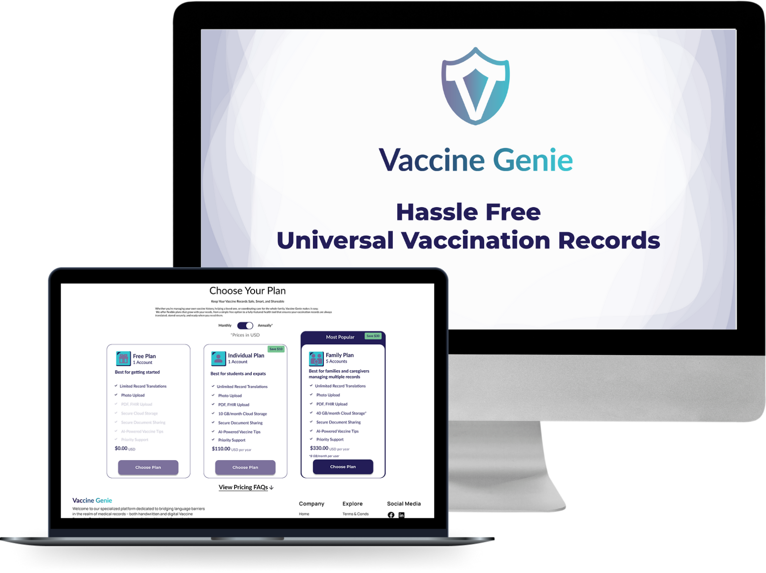 a desktop screen with vaccine genie logo and macbook screen with pricing plans