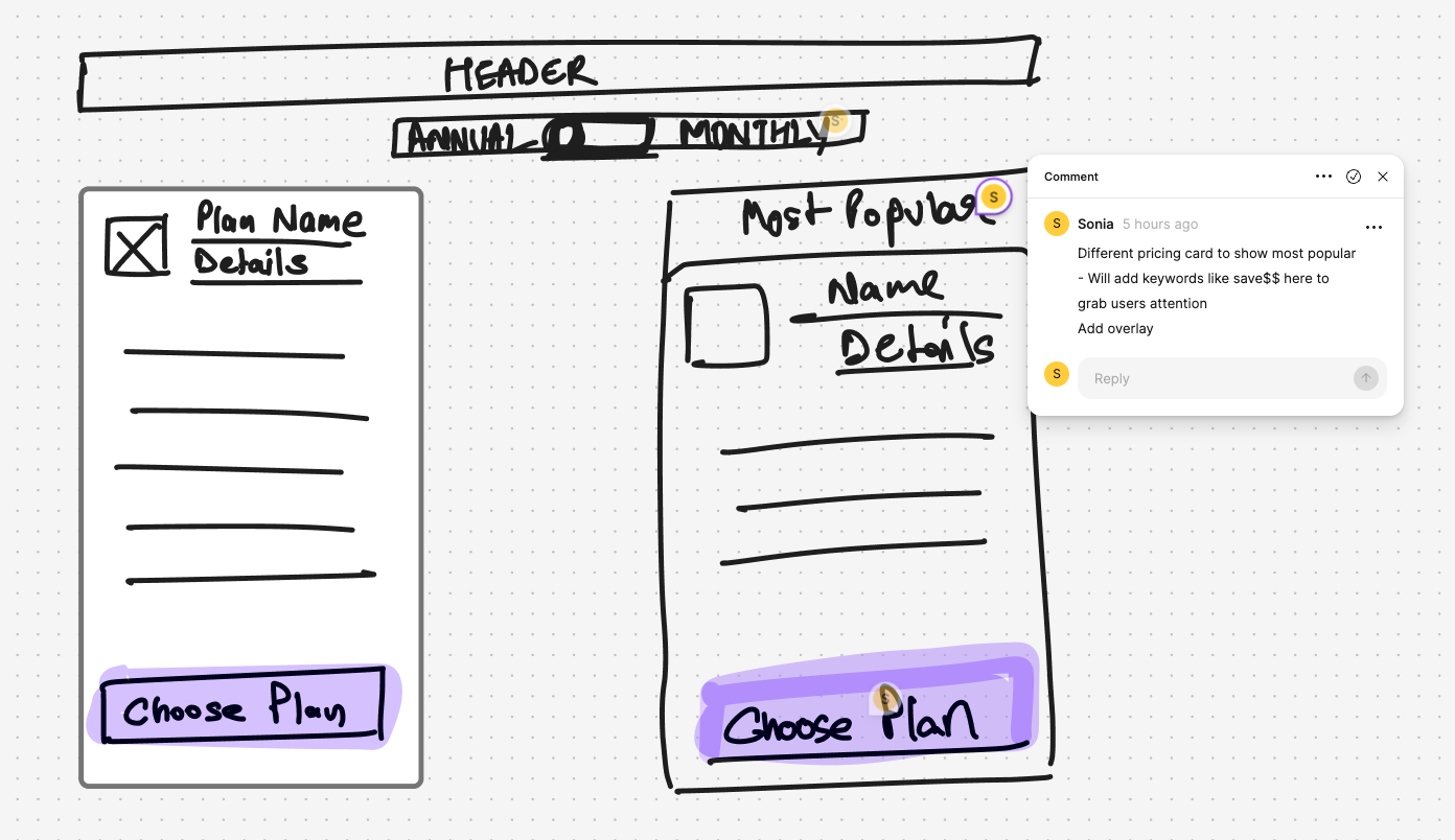 rough sketch of price card and comments for developer