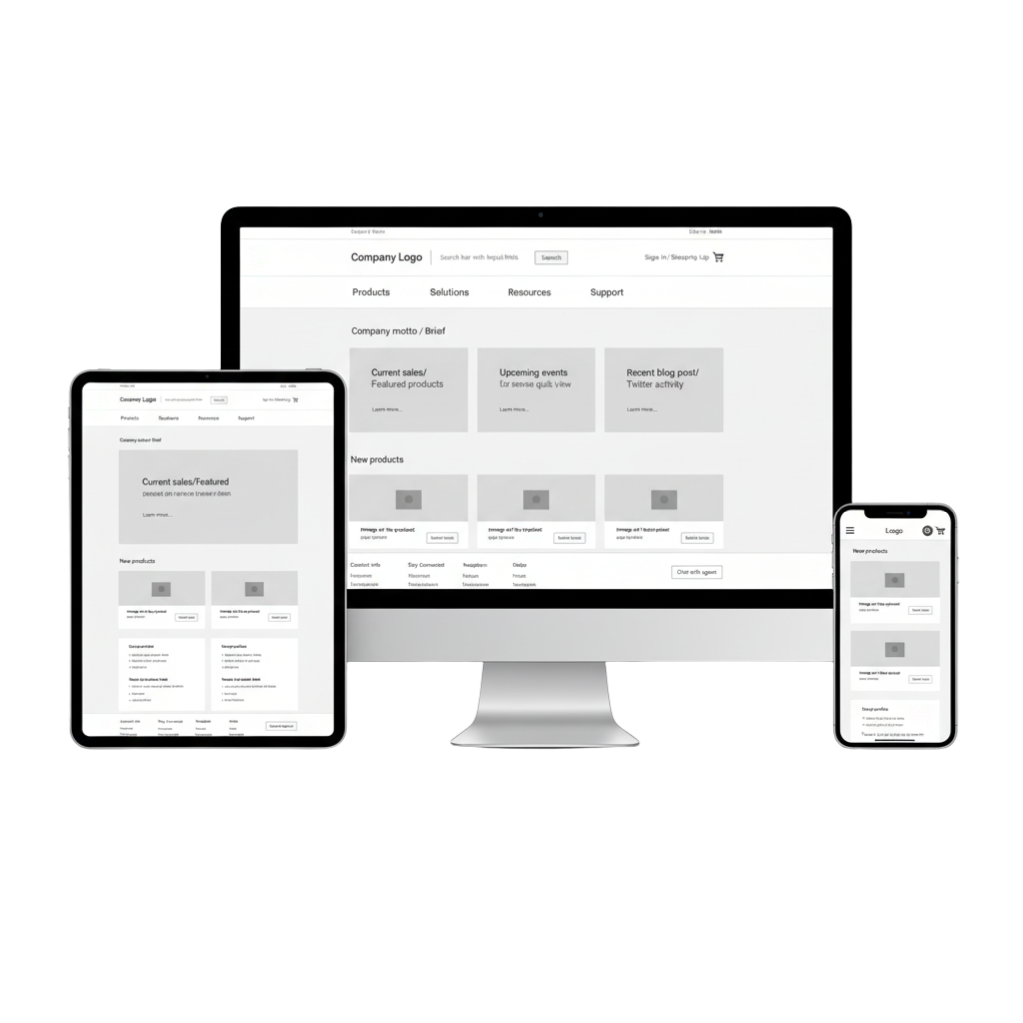 Responsive homepage wireframes across desktop, tablet, and mobile with consistent header, hero tiles, product cards, and footer