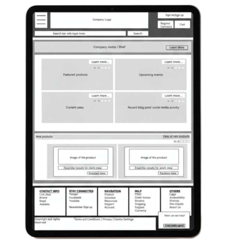 Tablet wireframe showing top navigation tabs, hero tiles for sales/events/blog, a row of product cards, multi-column footer, and chat/help button.