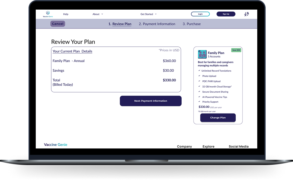 macbook screens displaying checkout page, breadcrumb navigation for vaccine genie