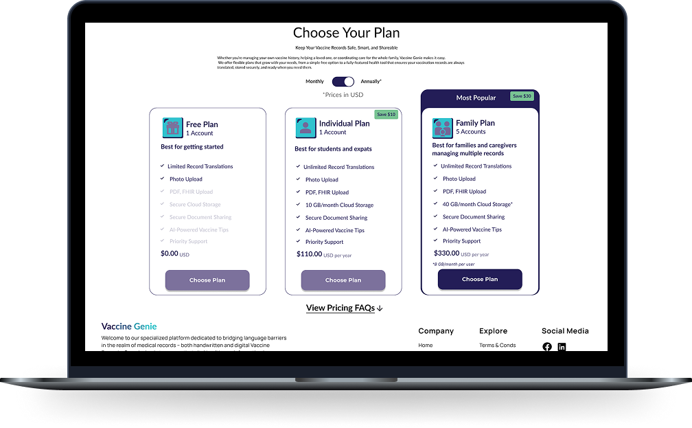 macbook screen displaying pricing plans for vaccine genie
