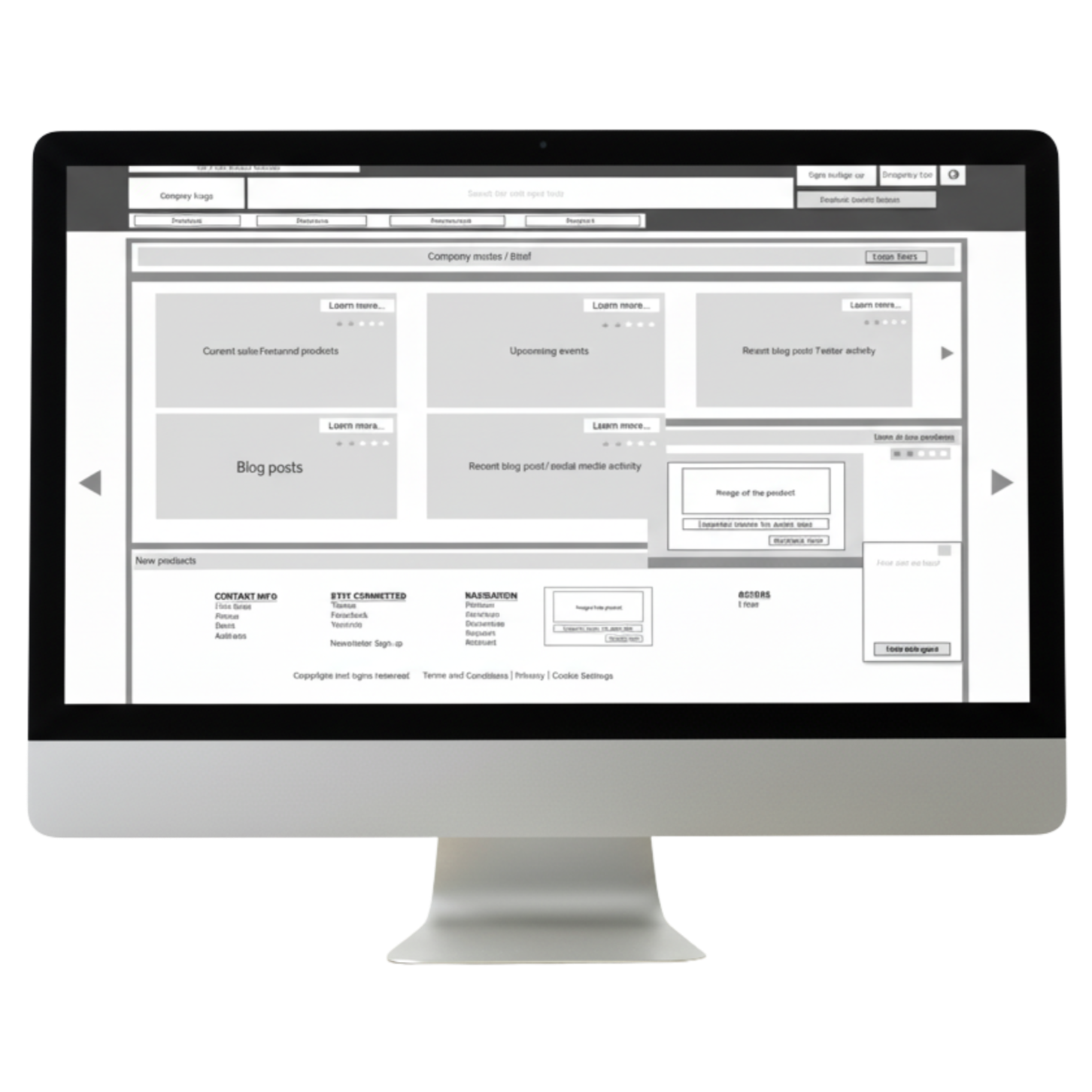 Desktop wireframe with logo, search, and account header; hero content grid; product quick-view card; multi-column footer; and chat CTA.