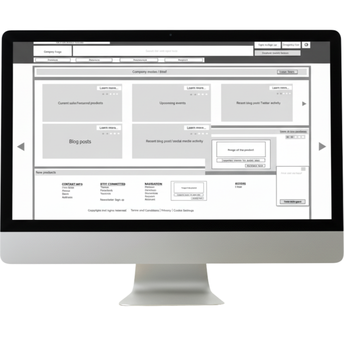 Computer monitor displaying a wireframe website layout with sections for products, events, blog posts, and contact information.