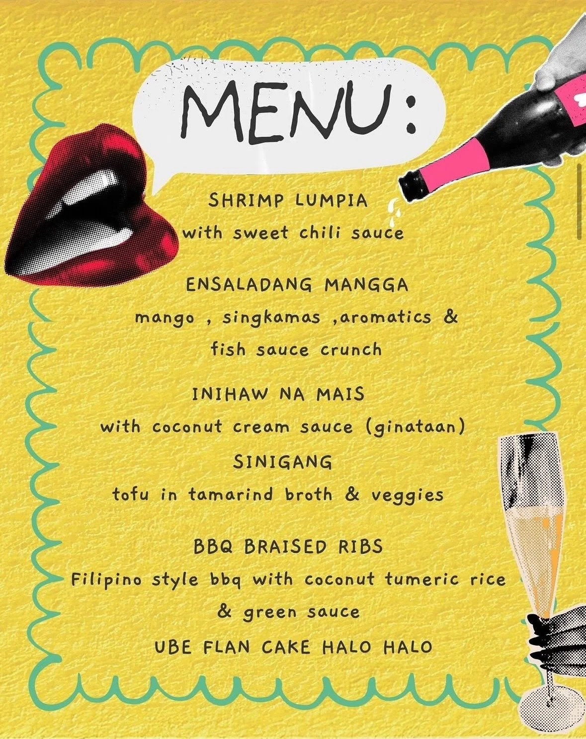 flyer with yellow background, with champagne flute
