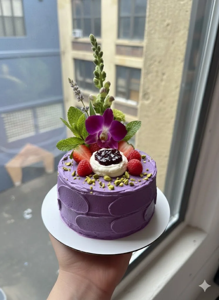 ube cake with white pearls and purple orchid, some ube jam, berries for decoration and some mint