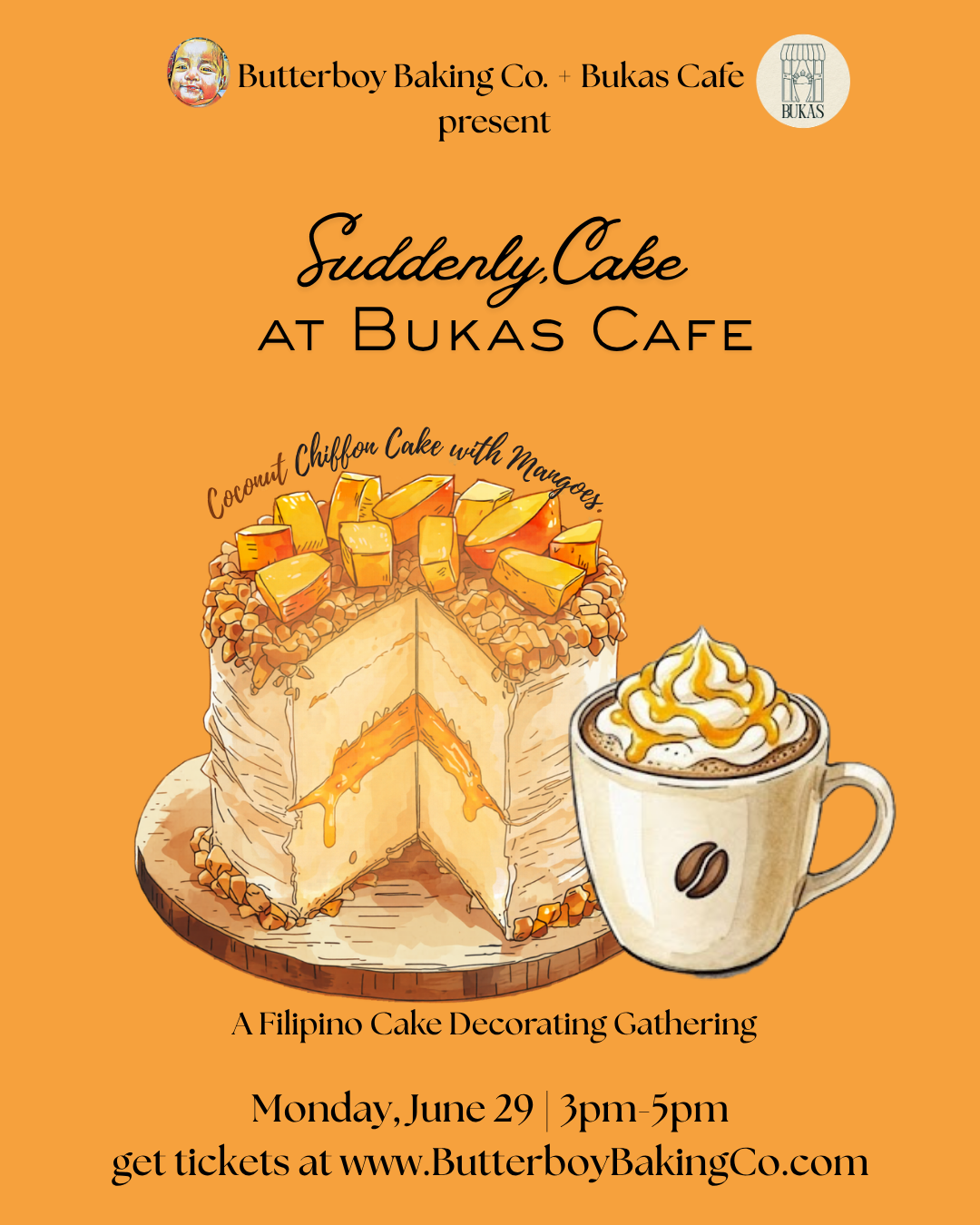 Mango cake and coffee in orange background