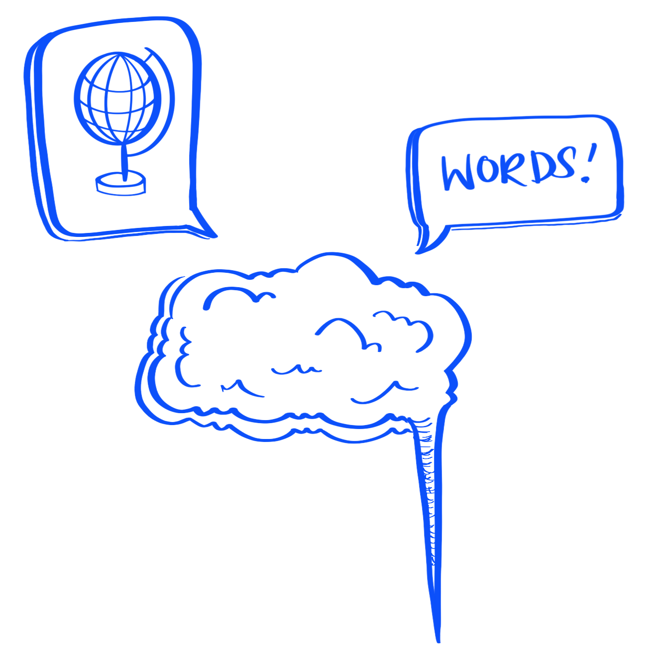 Illustration of a cloud with a speech bubble containing "WORDS!" and another bubble with a globe icon.