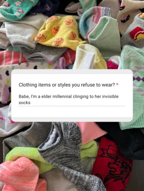 Part of my process is a deep dive questionnaire before we work together, so I actually understand how you live and dress.
This response made my day.
Crew socks. Ankle socks. No show.
Are you loyal, or are you pretending you&rsquo;re not ageing? 🧦