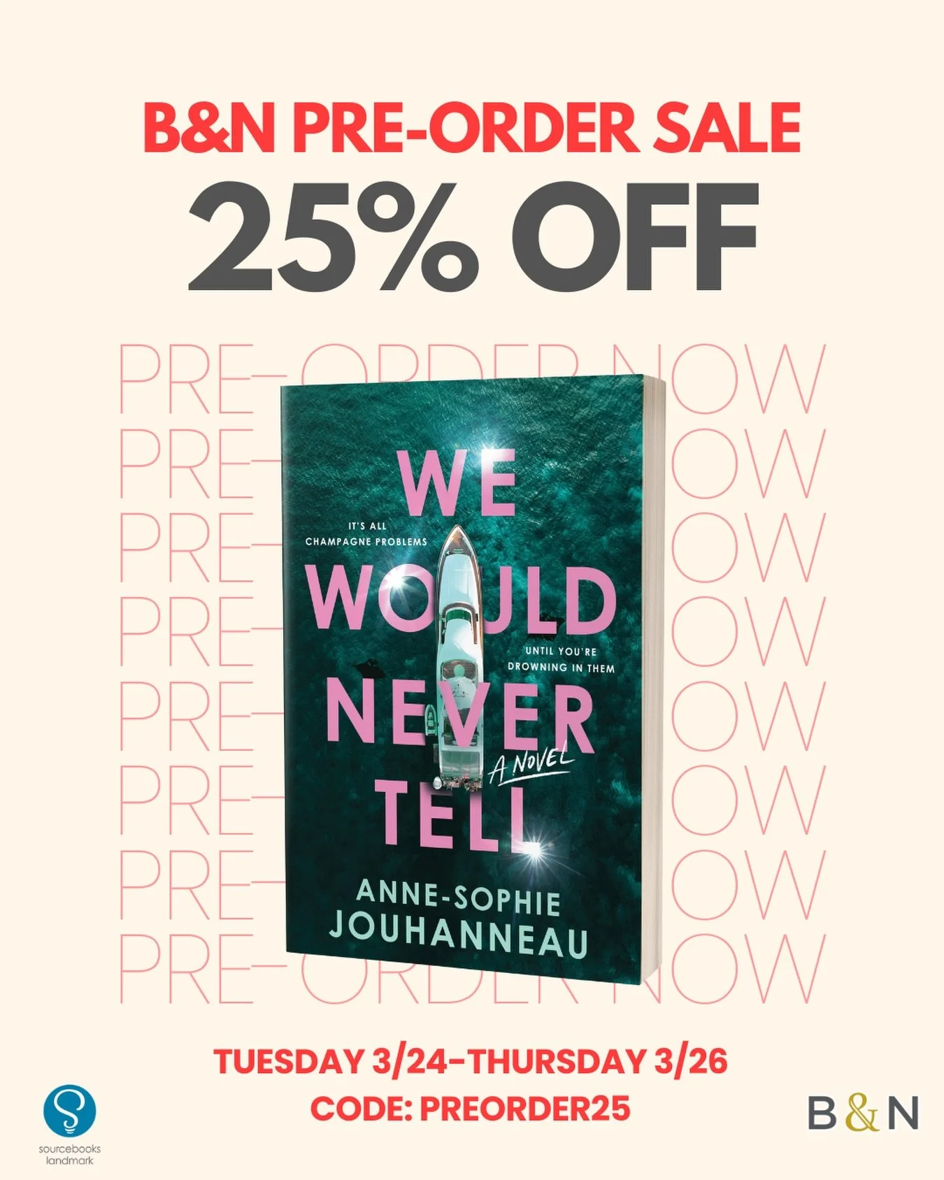 WE WOULD NEVER TELL is out in three weeks (!) and now&rsquo;s your chance to preorder at a discount if you haven&rsquo;t already.

Three days only - 25% off any format (print, ebook, audiobook) if you order from @barnesandnoble by March 26.

 About W