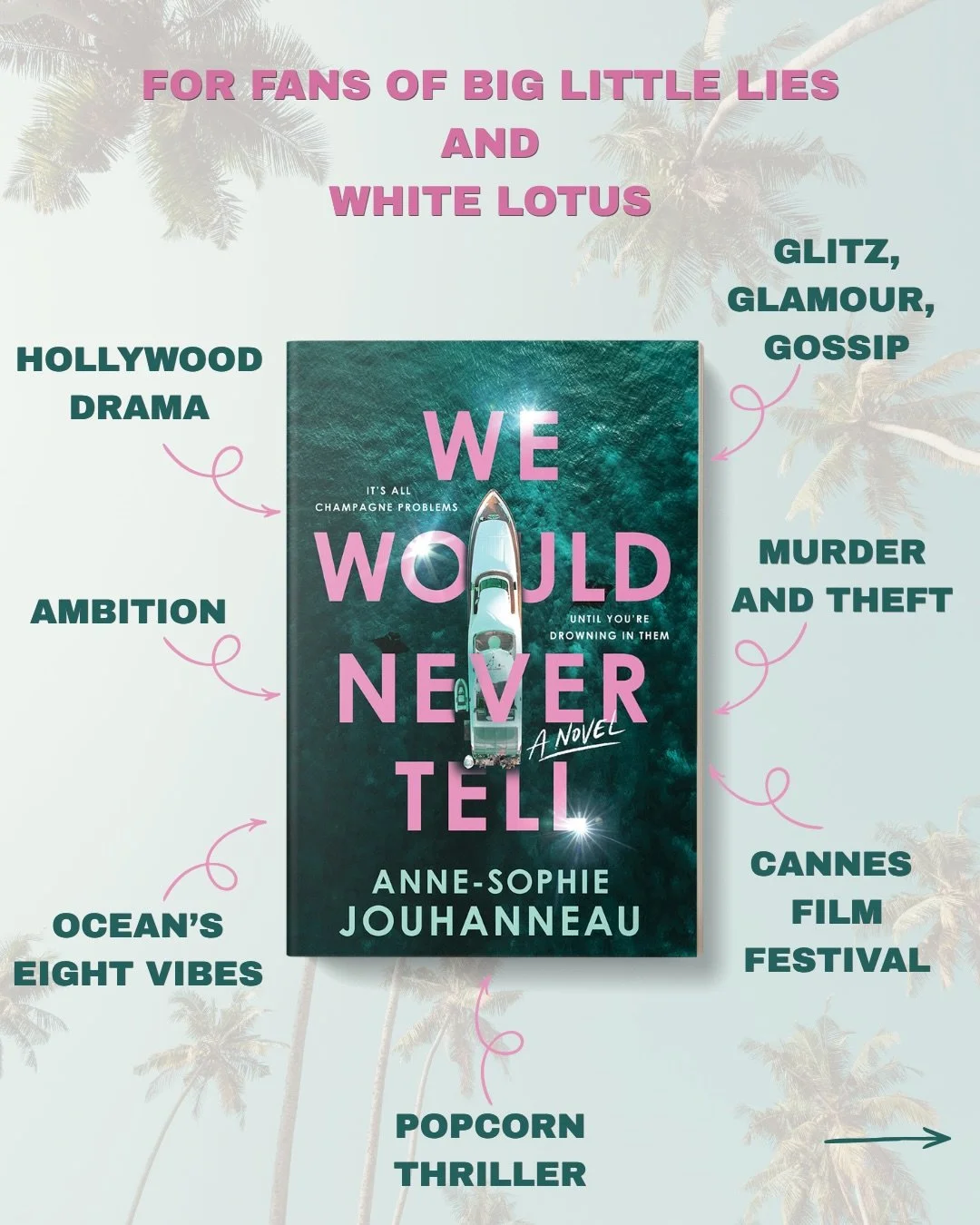 WE WOULD NEVER TELL is out today!

I packed this glitzy thriller with so many things I love: Hollywood drama, a stunning location, ambitious women who will stop at nothing to achieve their dreams, endless parties, fabulous fashion, beach vibes, and m