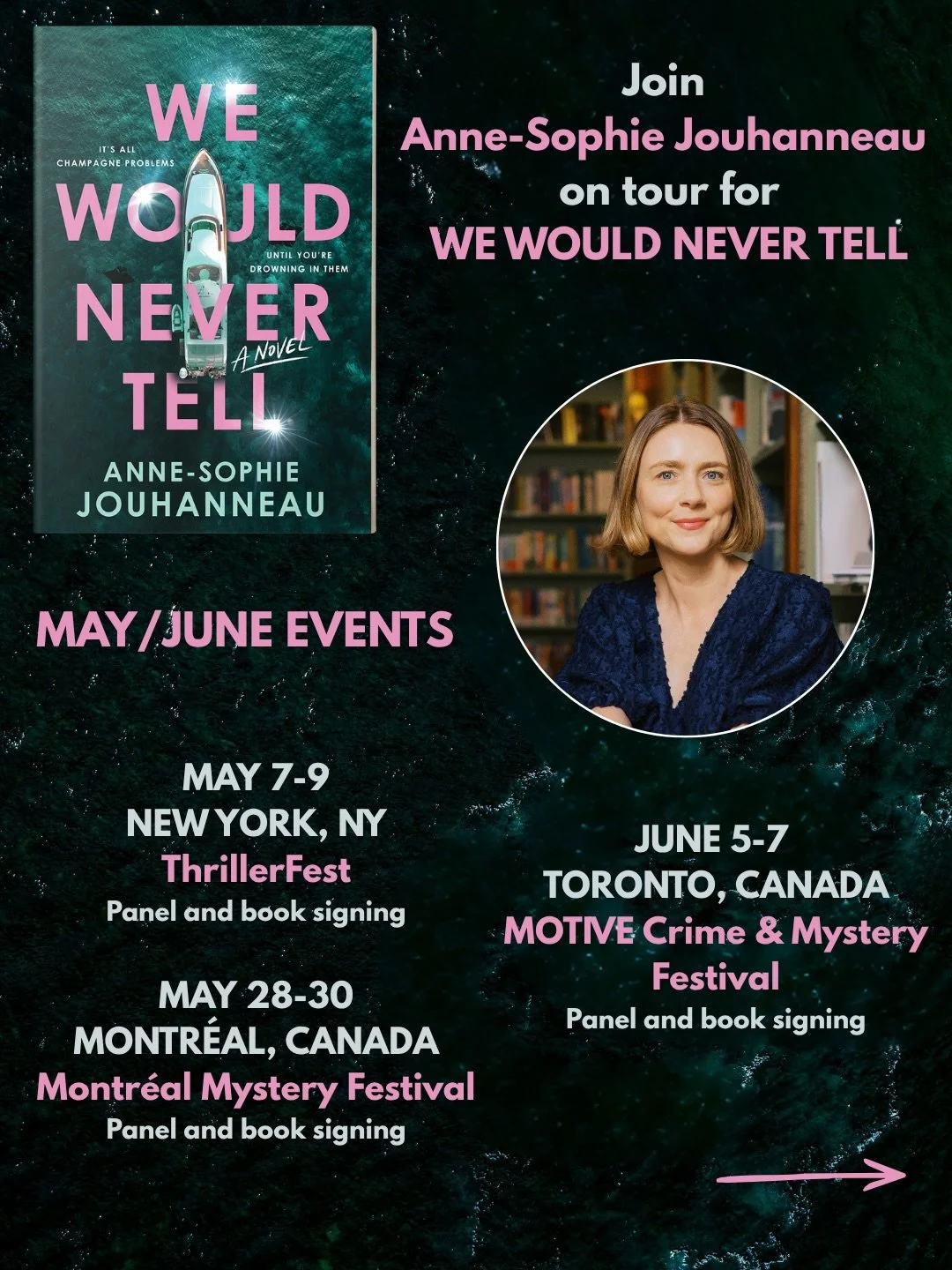 More We Would Never Tell events coming up! I mean more excuses to hang out with bookish people, which is my favorite thing to do.

So excited for ThrillerFest, Montr&eacute;al Mystery, and Motive in Toronto. Will I see you at either of these?

@inter