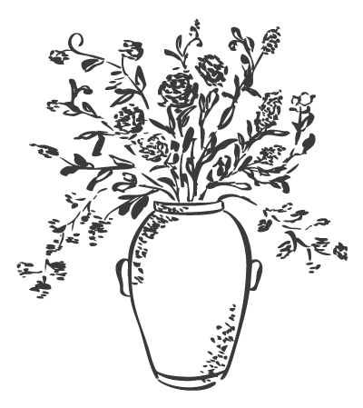 Illustration of a vase with flowers and leaves on a black background.