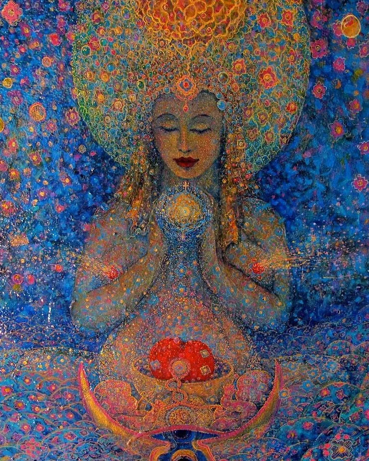 A vibrant, colorful painting of a woman with closed eyes, holding a glowing orb between her hands. She has an elaborate, flower-like headdress and appears surrounded by cosmic, floral patterns.