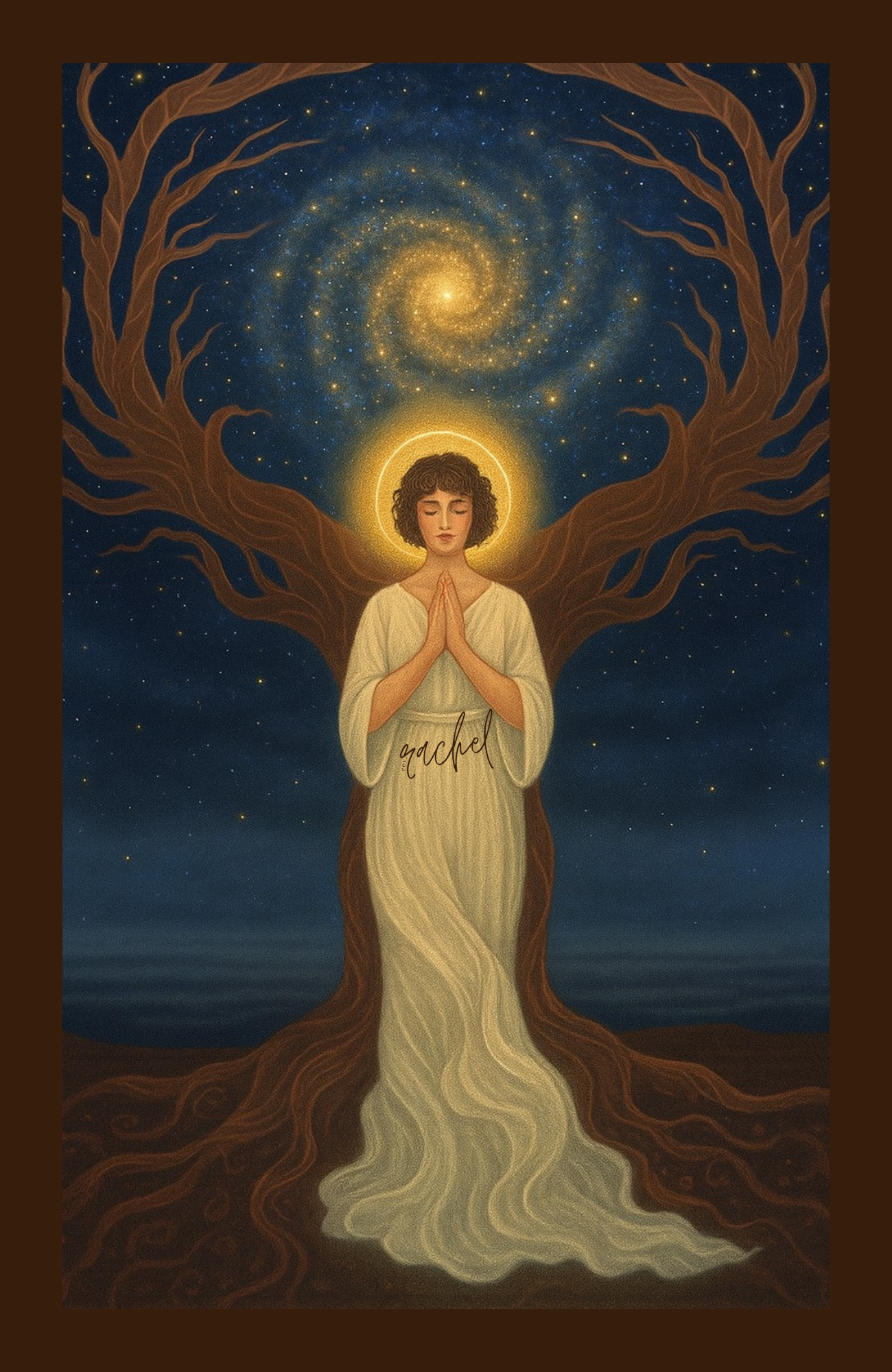 Illustration of a woman with curly hair and a halo, standing with folded hands in prayer, surrounded by a large tree with twisted branches, set against a starry night sky with a glowing galaxy or spiral nebula above.