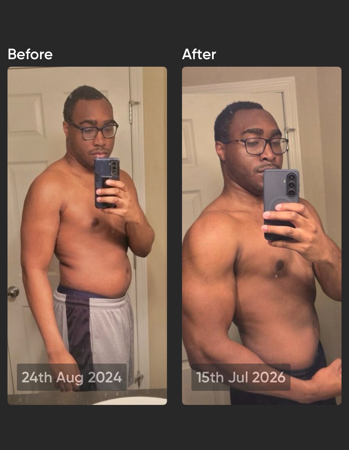 Before-and-after transformation photo of A.O., showing improved strength and fitness from personalized training and nutrition coaching with Ashley and Rene.